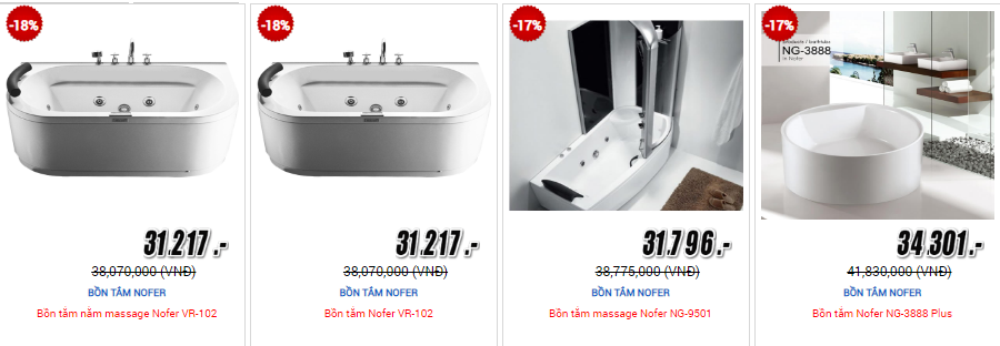 Bồn tắm Nofer mức giá từ 30 đến 35 triệu đồng